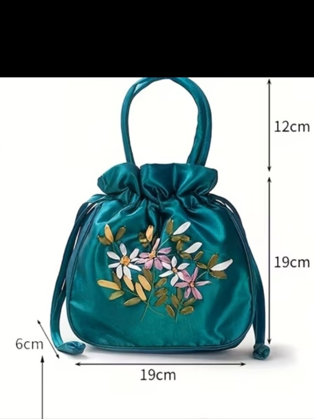 Floral Embroidered Blue Drawstring Bag - Picture 3 of 3
